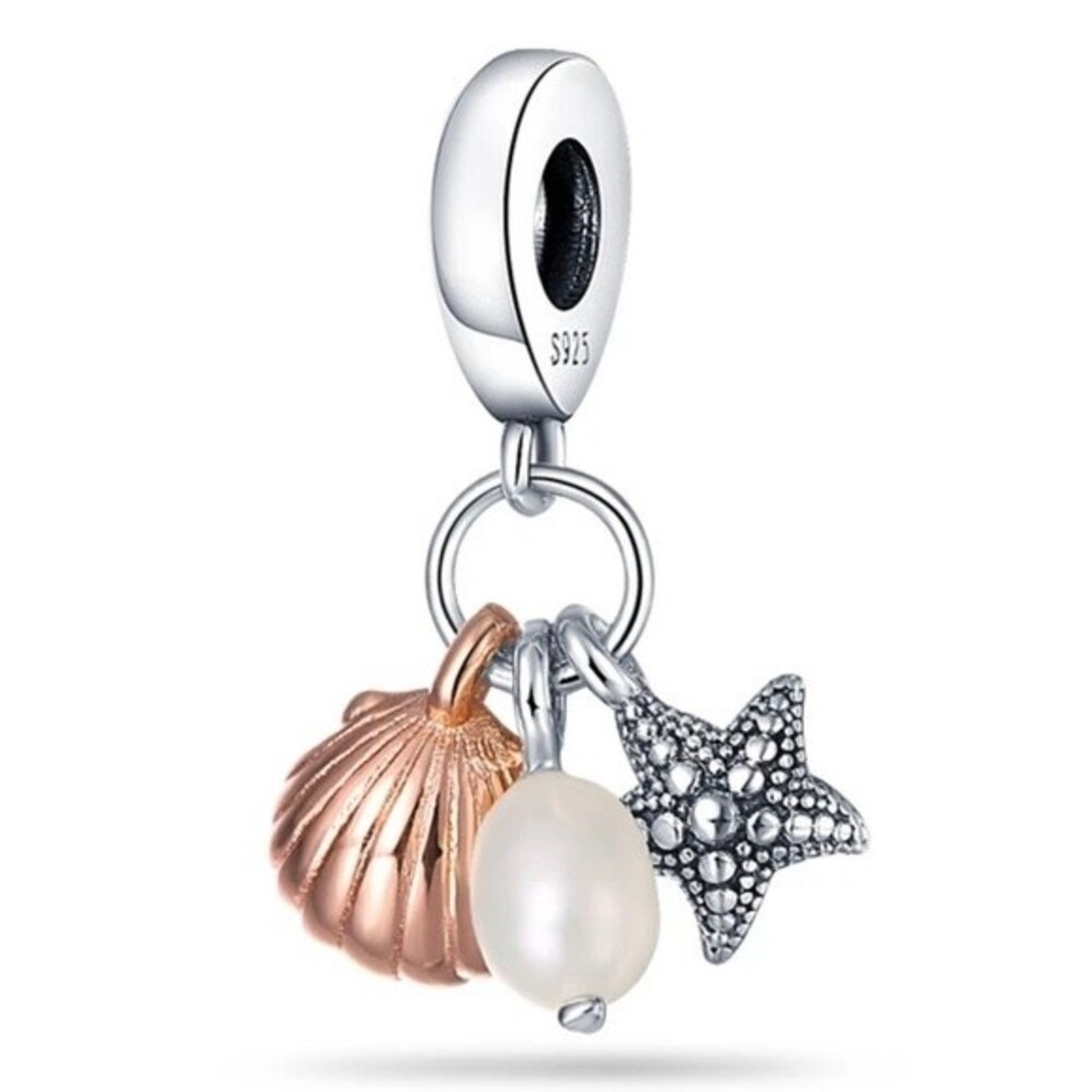 925 Sterling Silver Shell, Starfish & Freshwater Pearl Charm